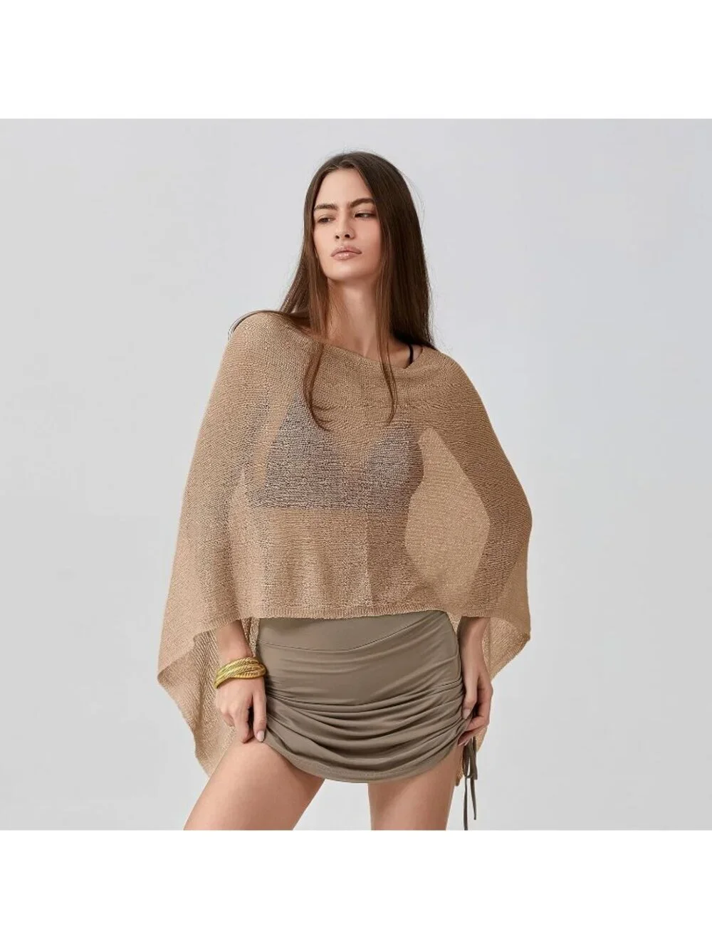 Women's Light Brown Sheer Poncho Top Knit Crochet Lightweight See Through Shawl